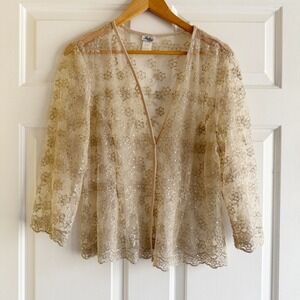 Sally USA Y2K Womens‎ 2XL Gold Floral Lace Sequin Cardigan Shrug Top Evening